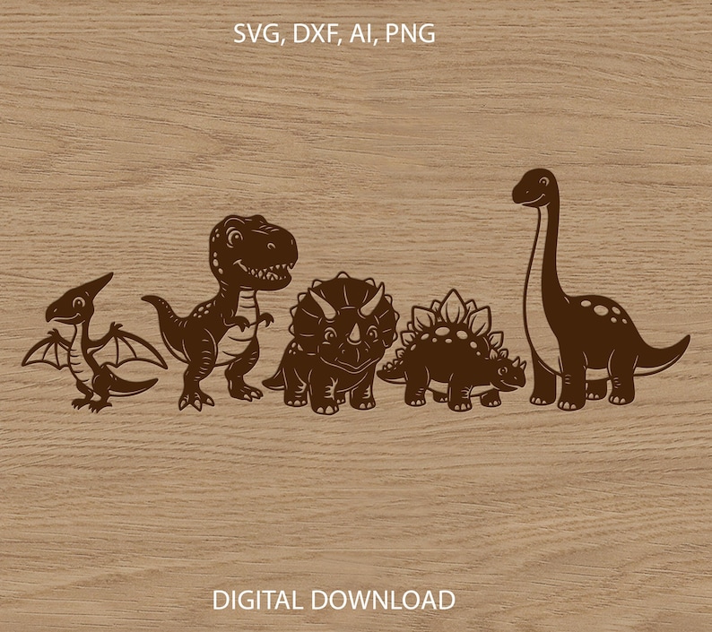 Puede incluir: Siluetas de dinosaurios marrones, incluyendo un Pterod&aacute;ctilo, T-Rex, Triceratops, Estegosaurio y Braquiosaurio, sobre un fondo de madera. Tambi&eacute;n est&aacute; presente el texto "SVG, DXF, AI, PNG" y "DESCARGA DIGITAL".