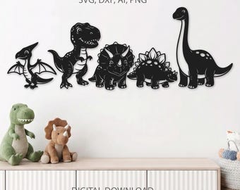 May include: Black dinosaur cutouts in various shapes, including a Pterodactyl, T-Rex, Triceratops, Stegosaurus, and Brontosaurus. The text "SVG, DXF, AI, PNG" is at the top. The words "DIGITAL DOWNLOAD" are at the bottom.