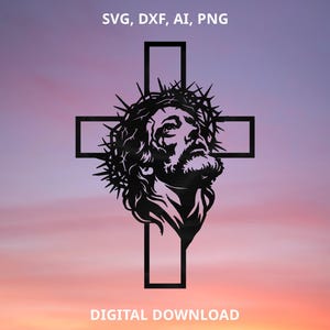 以下が含まれることがあります： 十字架を背景に、いばらの冠をかぶった男性の顔の黒いシルエット。画像は、紫、ピンク、オレンジのグラデーションの背景に対して設定されています。上部のテキストは「SVG、DXF、AI、PNG」、下部のテキストは「デジタルダウンロード」と表示されています。
