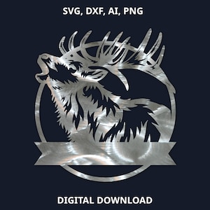 May include: A silver metal silhouette of an elk with antlers, with a banner below for personalization. The elk is facing left and has its mouth open as if it is calling. The background is dark blue.