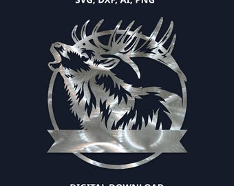 May include: A silver metal silhouette of an elk with antlers, with a banner below for personalization. The elk is facing left and has its mouth open as if it is calling. The background is dark blue.