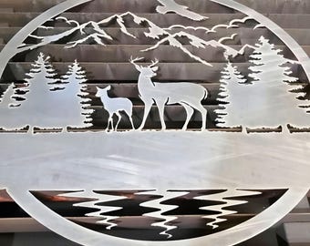 Deer Mountain Scene SVG, Monogram Laser Cut File, Mountain landscape DXF, Deer svg cut file, wildlife  dxf files plasma cnc, Wildlife svg