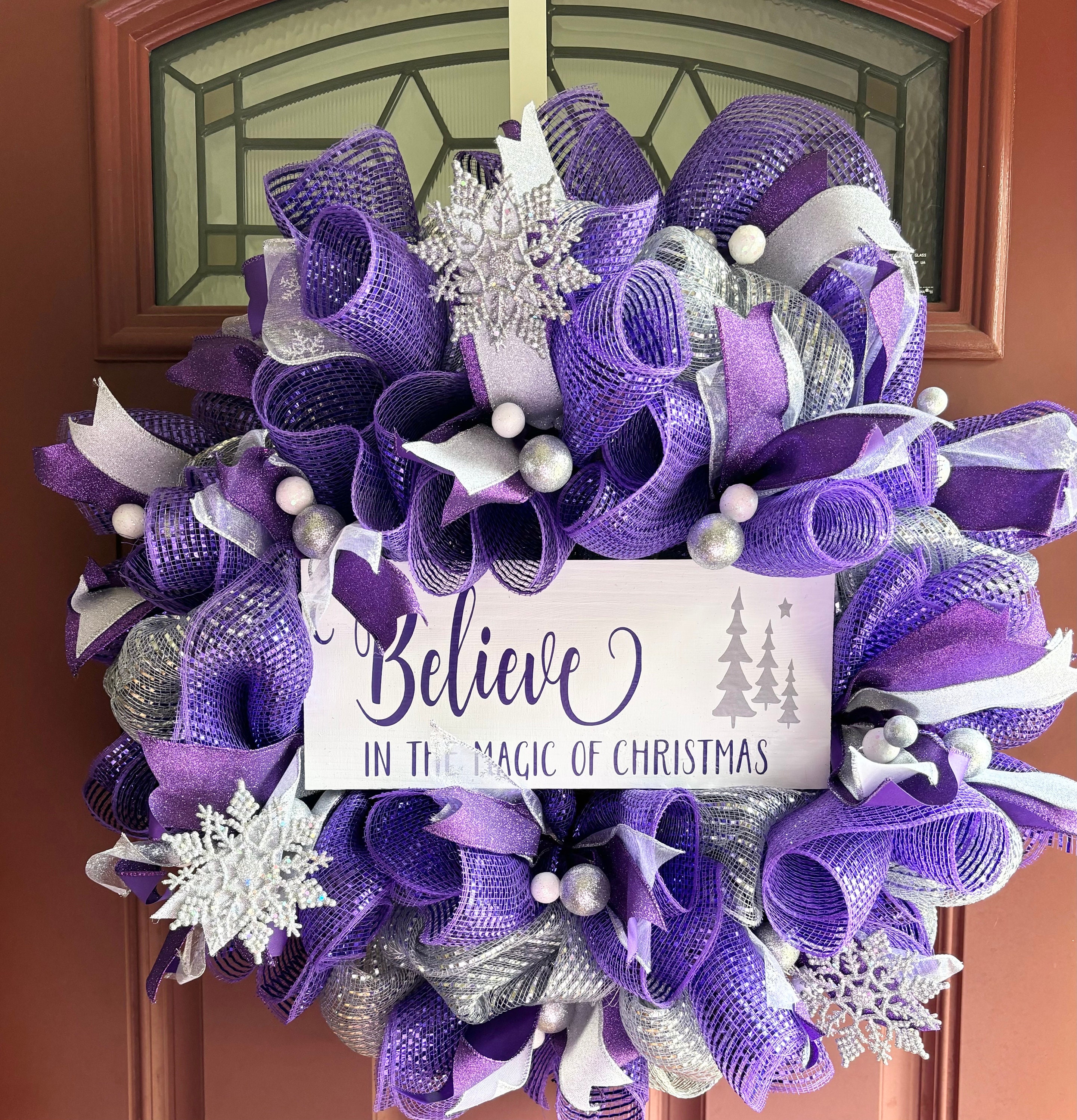 Purple and Silver Christmas Wreath, Purple Christmas Aesthetic 