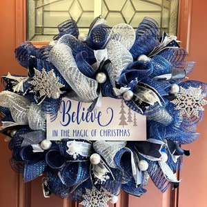 Blue and Silver Christmas Wreath, Blue Christmas Aesthetic, Merry Christmas Wreath, Bright Blue Wreath