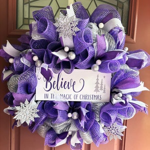 Handmade Purple & Silver Christmas Wreath: Glitter Snowflake Decor (26&quot;x27&quot;)