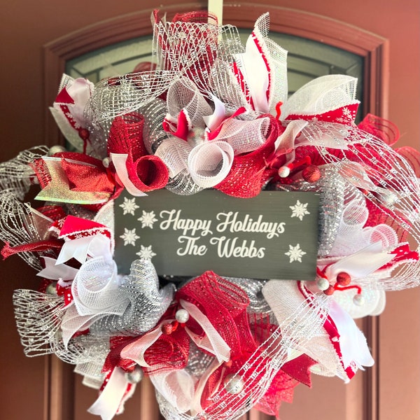 Personalized Wreath, Custom Name Holiday Decor, Custom Holiday Wreath, Custom Christmas Door Hanger, Last Name Wreath, Housewarming Gift