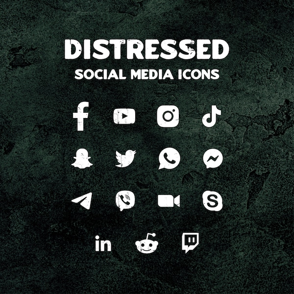 Distressed Social Media Icons, Grunge Social Media Icons Set, White and Black PNG Icons, Square Outlined Icon Styles