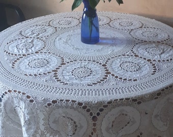 Vintage Large Round Crochet- Natural cotton Tablecloth - Hand Crochet Border -Shabby Chic