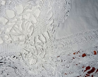 Vintage large tablecloth, Lace and cut work embroidery