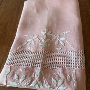 Embroidered Table runner, Linen white on pink embroidery, and Handmade Lace