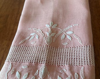 Embroidered Table runner, Linen white on pink embroidery, and Handmade Lace