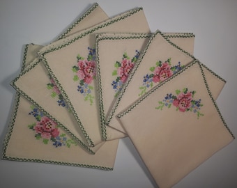 Set of vintage napkins, table decoration set, kitchen table napkins, floral embroidery, ivory colour, cross-stitched, tea time