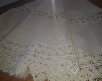 Vintage Linen Handmade Tablecloth, Tablecloth decorated by lace, from 60s