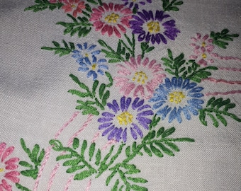 Vintage floral tablecloth with hand embroidered bouquets of flowers