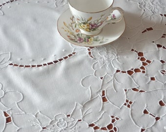 Vintage cotton tablecloth with Cutwork Embroidery, Tea Table