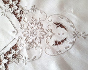 Handmade Linen Tablecloth: Floral Embroidered Square Vintage Decor