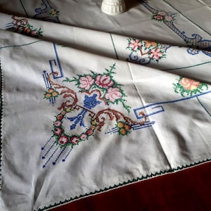 Cotton Embroidered Large Tablecloth, Vintage Cross Stitch Tablecloth, 123*165 cm