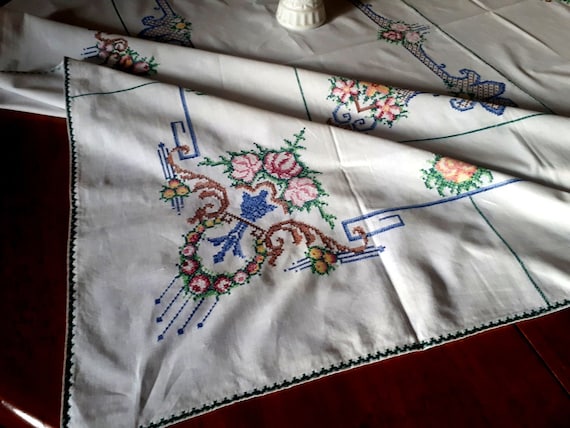 Cotton Embroidered Large Tablecloth, Vintage Cross Stitch Tablecloth, 123*165 cm