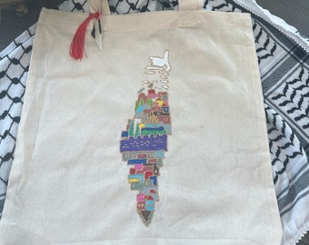 Palestine Map hand painted on tote bag | Palestine Map | with option with Tassel or without.