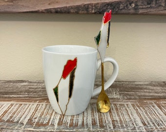 Palestine Map Mug with optional Spoon | 12Oz Mug (4.3" Height) | Palestinian Decoration Art | Palestinian Home| Home Welcoming Gift