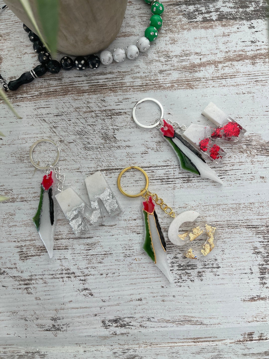 Set of 2 Palestine Flag Map & Key of Return Brooches - Green Heart & Gold Finish main image 1