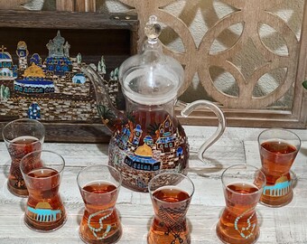 Palestine Tea Cups Set of 6 and tea pot Hand-painted with option of the wood tray.