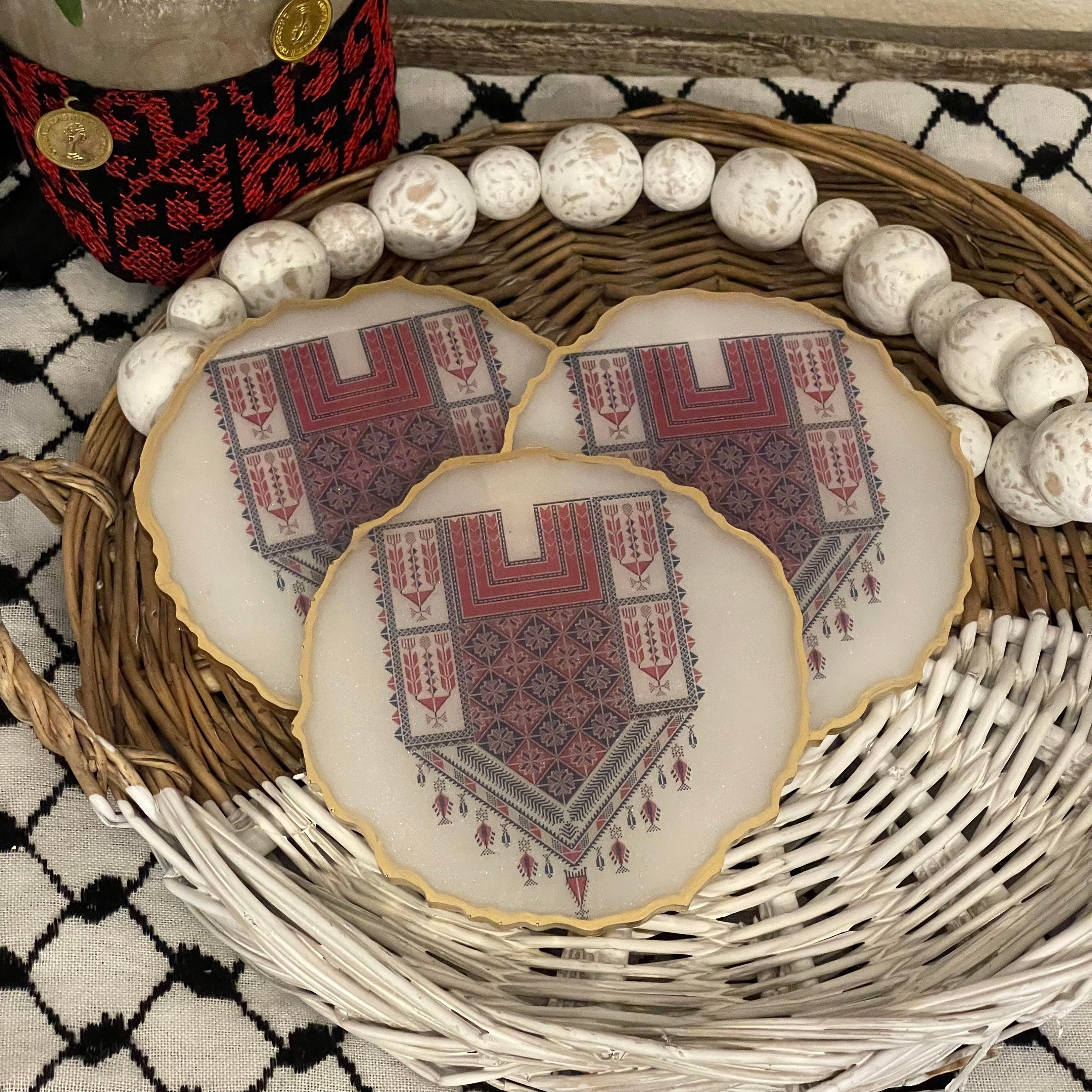 Palestinian Tatreez  Coaster Set Trinket dish | Set of 2 Coasters | Palestinian Decoration Art | Palestinian Kitchen Gift | Home Welcoming