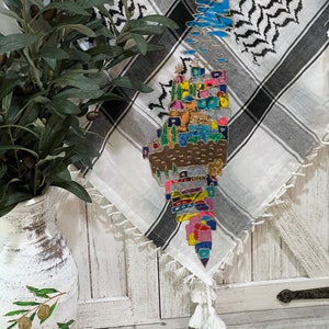 Palestine map hand  painted Kuffiya | Palestinian keffiyeh | Palestinian Home Decoration | Palestinian Art | Palestinian Decor| Palestine c