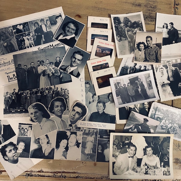 Vintage 30 or 60 Photo Lot - B&W photos, slides, vintage yearbook pieces for your mixed media, journal, ephemera project