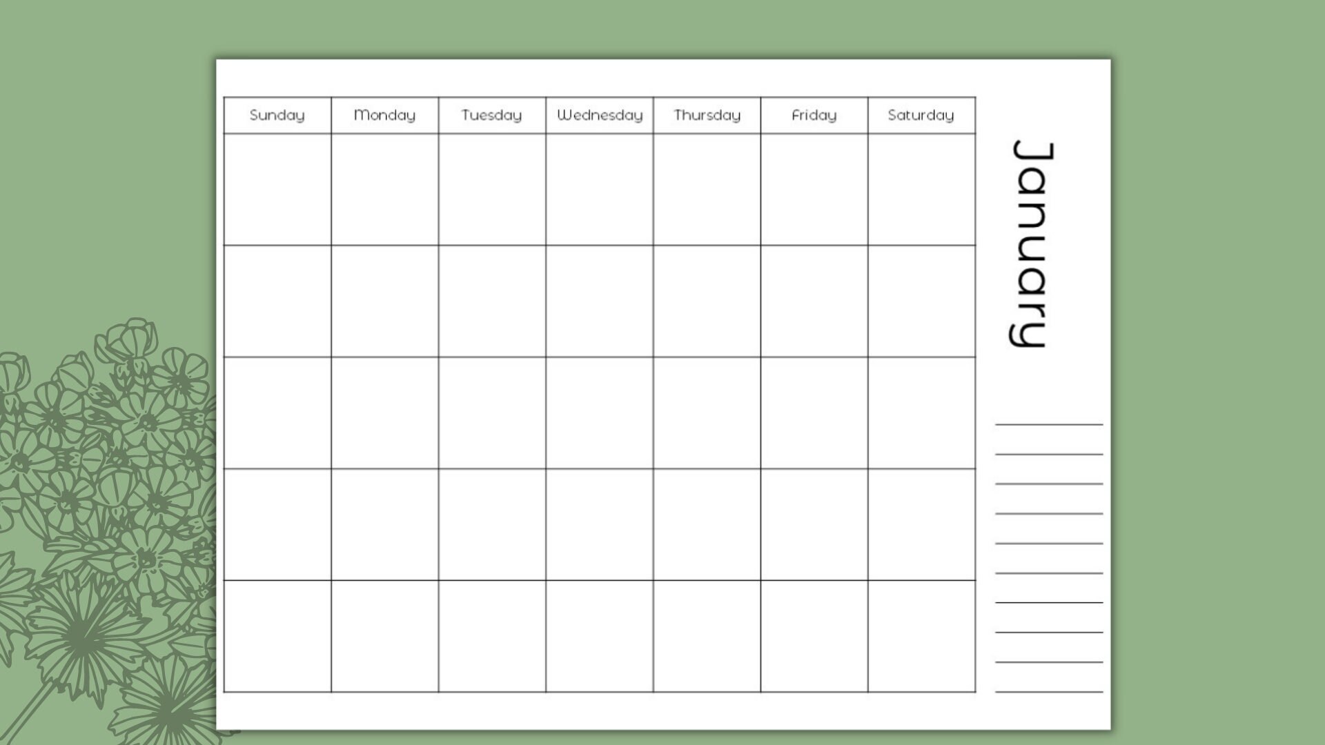 printable undated monthly calendar with side notes etsy