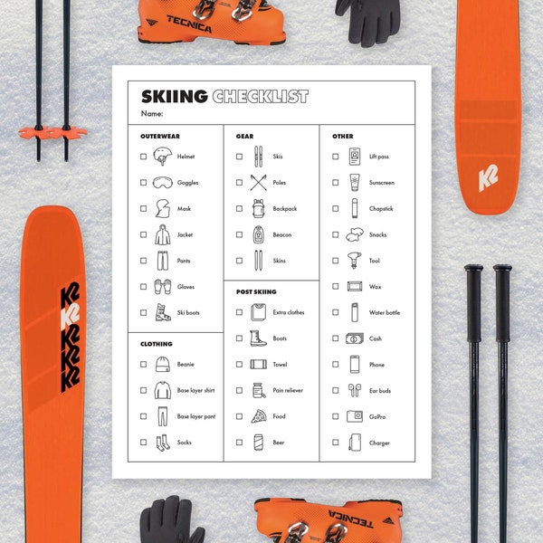 Checklist skiing / Printable ski checklist / Instant digital download / Ski gear list / Downhill skiing essentials / Ski packing list