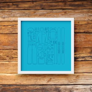 Ski gear art - blue / Digital Instant download / Ski artwork / Downhill skiing / Cabin decor / 5x5 / 8x8 / 10x10 / 12x12