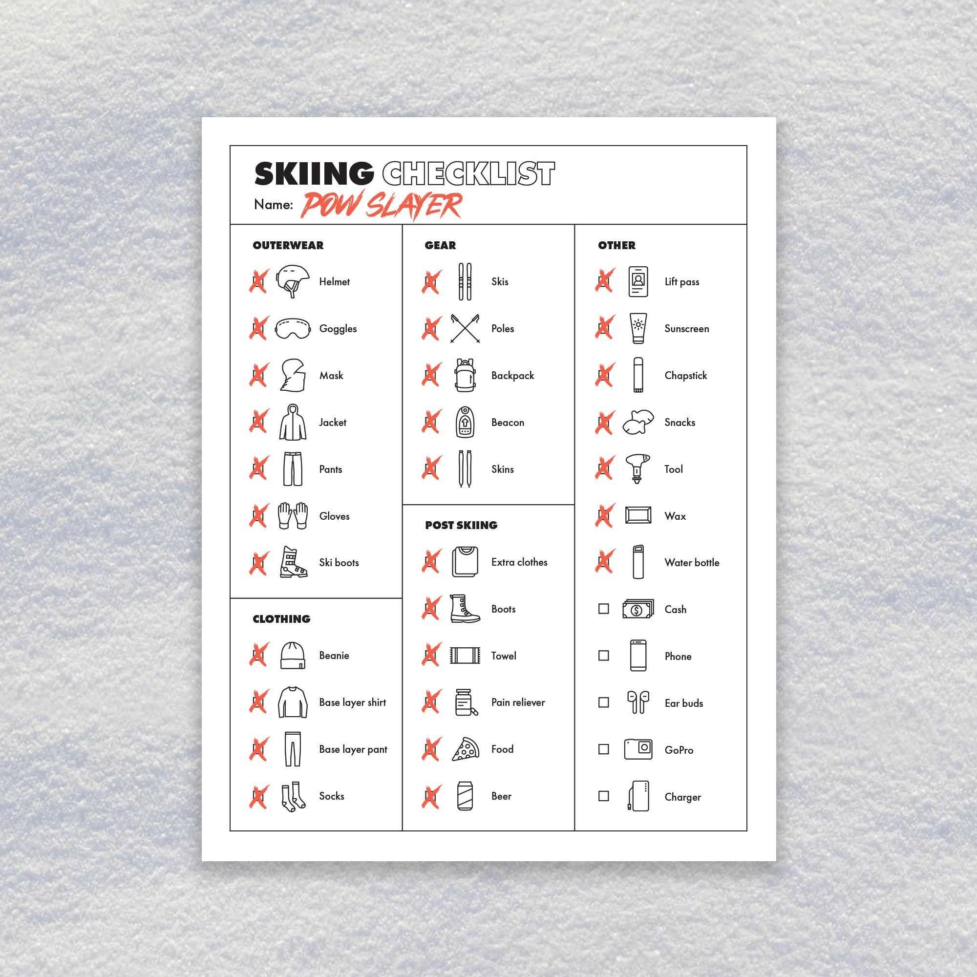 Checklist Skiing / Printable Ski Checklist / Instant Digital Download