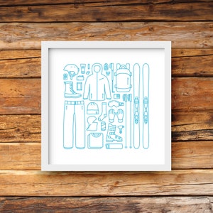 Ski gear art - white / Digital Instant download / Ski artwork / Downhill skiing / Cabin decor / 5x5 / 8x8 / 10x10 / 12x12