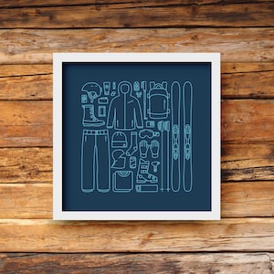 Ski gear art - dark blue / Digital Instant download / Ski artwork / Downhill skiing / Cabin decor / 5x5 / 8x8 / 10x10 / 12x12