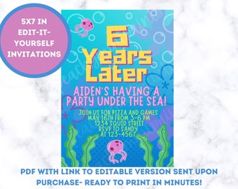 Editable Under the Sea Birthday Party Invitation Colorful Spongebob Inspired