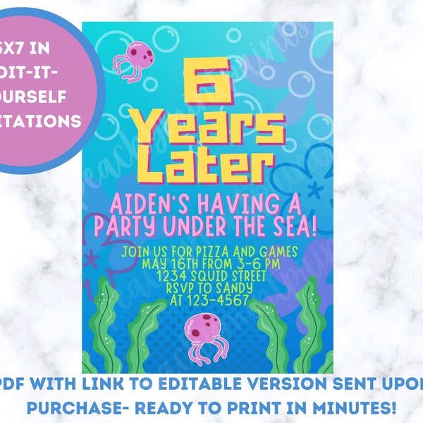 Editable Under the Sea Birthday Party Invitation Colorful Spongebob Inspired