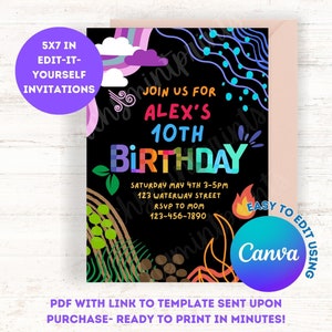 Puede incluir: Una plantilla de invitación de cumpleaños colorida de 5x7 pulgadas para Canva. La invitación presenta un fondo negro con texto arcoíris que dice "Join us for Alex's 10th Birthday". La invitación también incluye una fecha, hora, ubicación e información de RSVP.