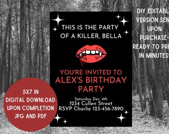 Editable Twilight Moon Vampire Birthday Party Invitation Black and Red