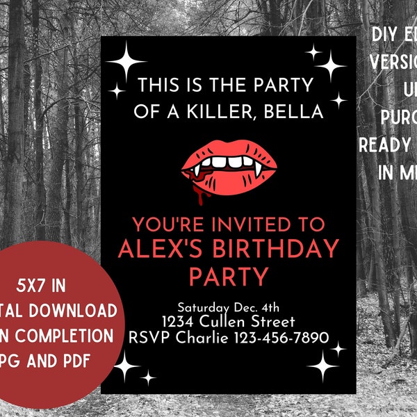 Editable Twilight Moon Vampire Birthday Party Invitation Black and Red