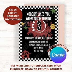 Editable Punk Rock Birthday Party Invitation Colorful Blink-182 Inspired