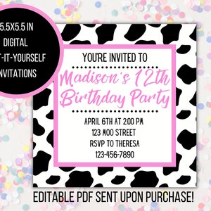 Editable Girl Teen Birthday Party Invite Cow Print Pastel Pink