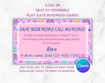Editable Kids Play Date Business Cards Contact Card