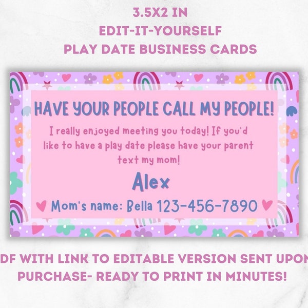 Editable Kids Play Date Business Cards Contact Card