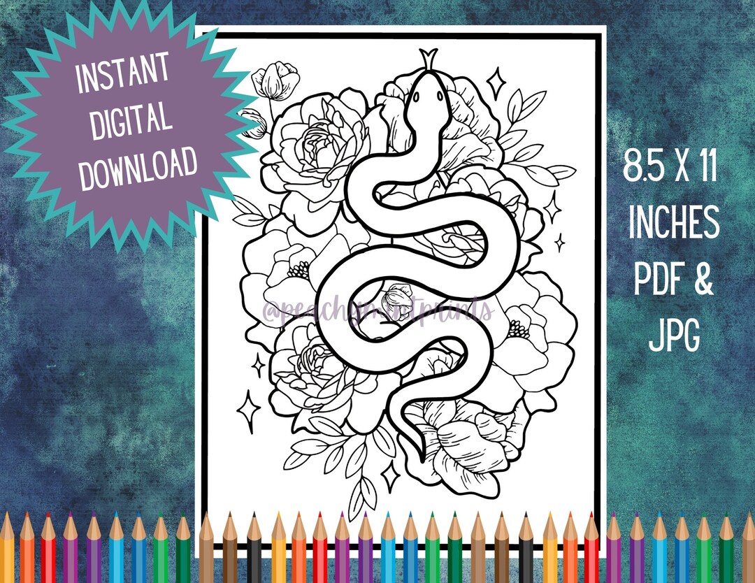 Snake and Roses Witchy Coloring Page Instant Download - Etsy