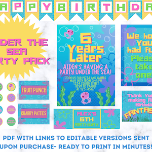 Editable Under the Sea Birthday Party Pack Decoration Set Invitation Colorful Spongebob Inspired