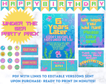 Editable Under the Sea Birthday Party Pack Decoration Set Invitation Colorful