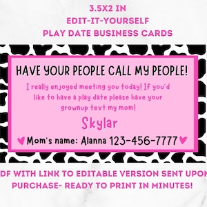 Editable Cow Print Kids Play Date Business Cards Contact Card