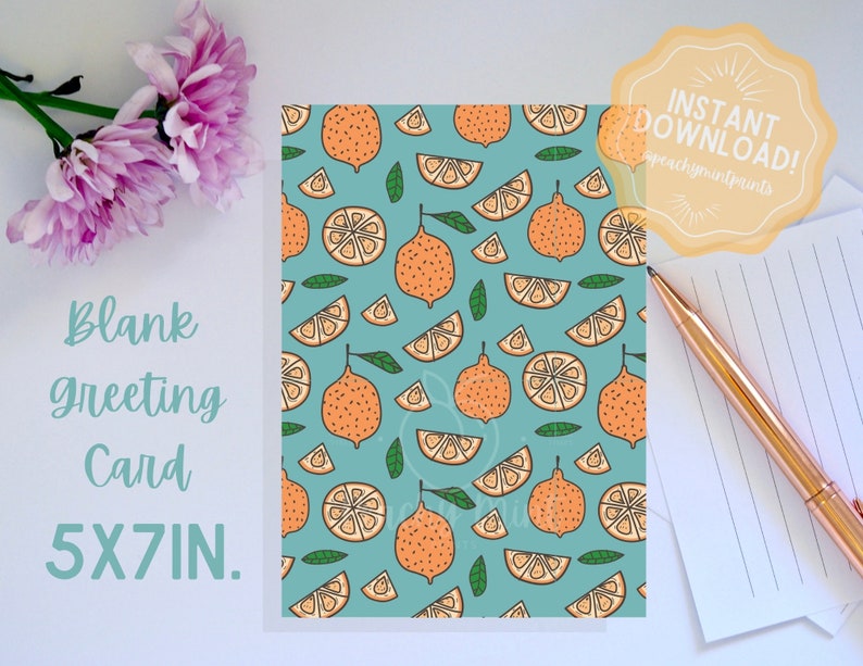 Orange Slice and Leaves Pattern Boho Blank Birthday Greeting Card Instant Download Printable