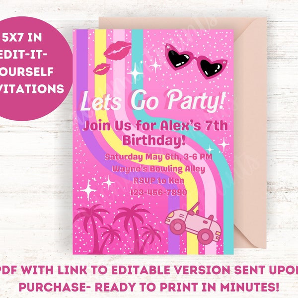 Editable Pink Fashion Doll Birthday Party Invitation Colorful Inspired